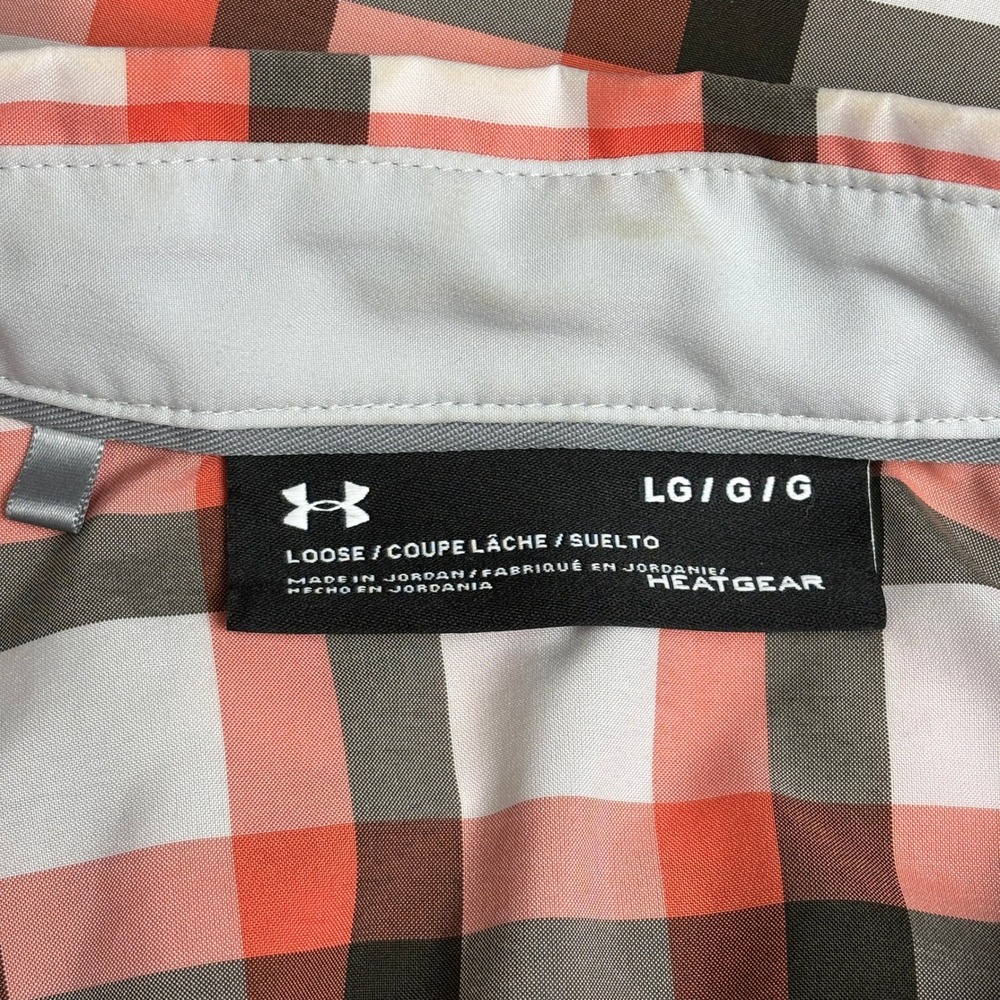 Under Armour Mens L Plaid Button Up Shirt Orange Gray HeatGear Vent Short Sleeve - Picture 5 of 13